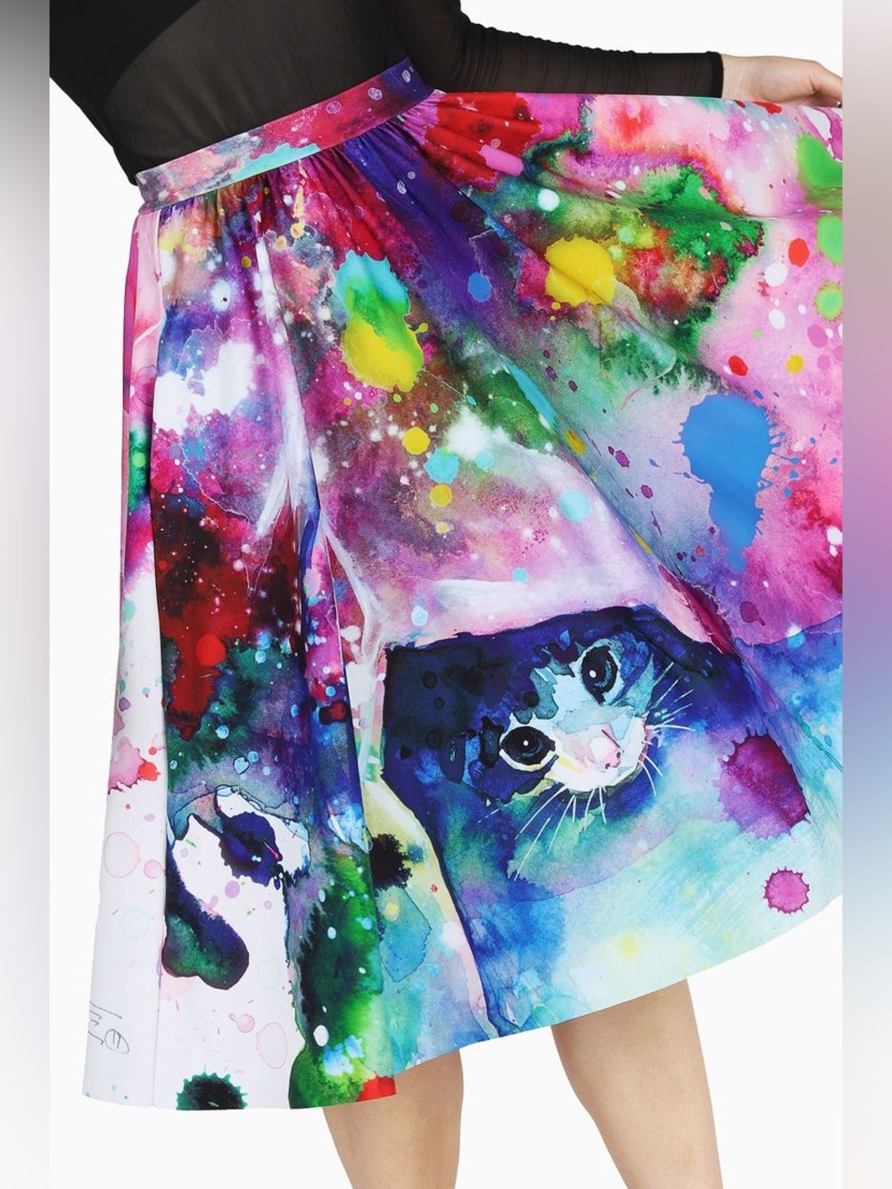 BlackMilk Lora Zombie Meow Watercolor Cat Print Midi Skirt